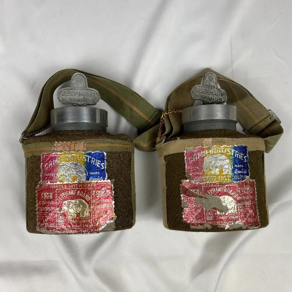 Pair Of Vintage Elephant Brand E. Pakistan Water Bottle Strap Wool Insulation